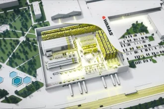 Top perspective view of an SSI SCHAEFER automated warehouse concept